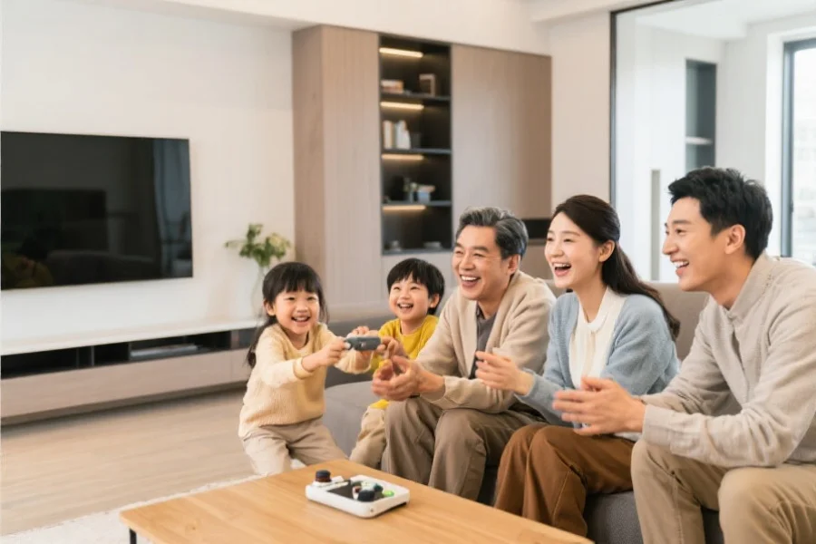 一家人在现代客厅中围坐一起,开心地互动娱乐,彰显温馨与快乐氛围